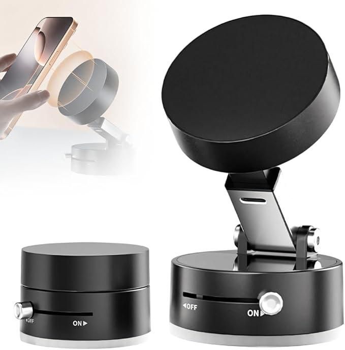 Black magnetic phone holder with adjustable base and on off switch for secure device mounting