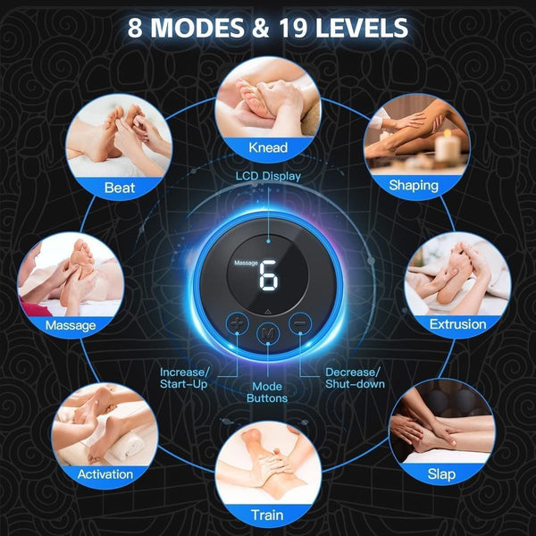 EMS foot massager pad with 8 modes and 19 levels showing various massage techniques and LCD display