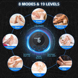 EMS foot massager pad with 8 modes and 19 levels showing various massage techniques and LCD display