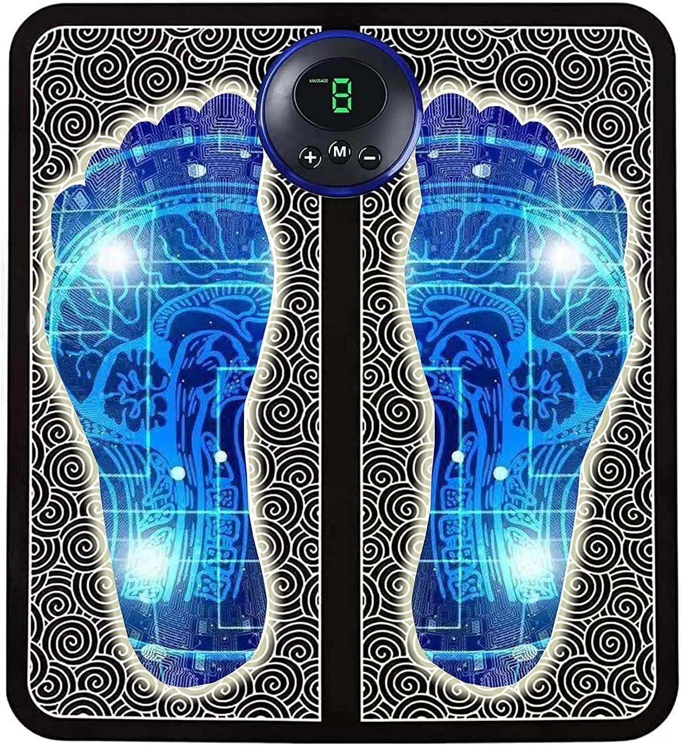 EMS foot massager pad with digital display and blue foot graphic design for muscle stimulation