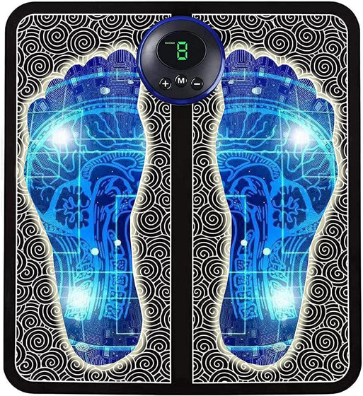 EMS foot massager pad with digital display and blue foot graphic design for muscle stimulation