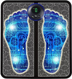 EMS foot massager pad with digital display and blue foot graphic design for muscle stimulation