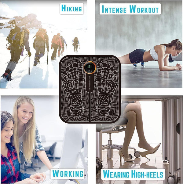 EMS foot massager pad in black with digital display shown for hiking, intense workout, working, and wearing high heels