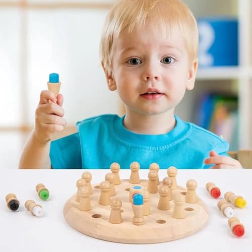 Child playing with a wooden memory chess game featuring colorful pegs and a round board