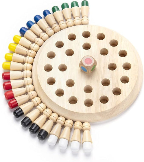 Colorful wooden memory chess game with pegs and a dice for enhancing memory skills