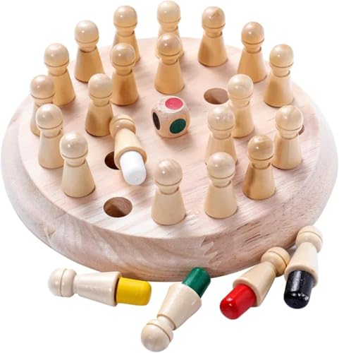 Wooden memory chess game with colorful pegs and dice on a circular wooden board