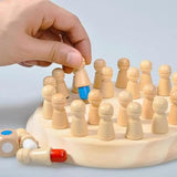 Child playing with a wooden memory chess game featuring colorful pieces on a circular board