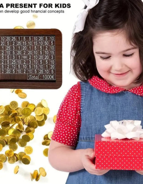 Dropdash wooden money piggy bank with cheerful child and gold coins to teach kids financial concepts