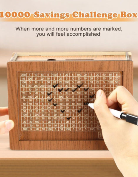 Dropdash wooden money piggy bank design with savings challenge grid for financial motivation