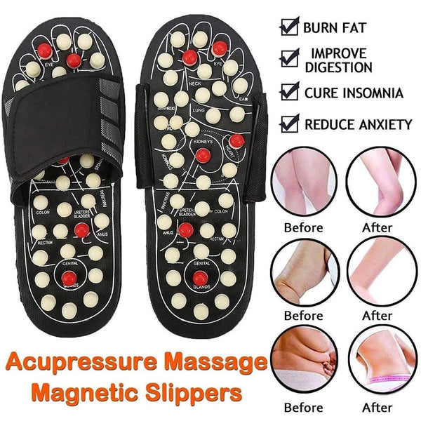 Black acupressure therapy slippers with massage nodes and adjustable straps to burn fat and reduce anxiety