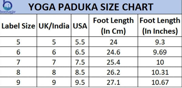 Yoga Paduka size chart displaying UK India USA sizes with foot length in centimeters and inches for acupressure therapy slippers