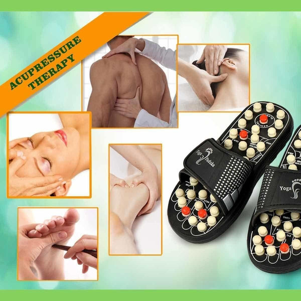 Black acupressure therapy slippers with massage nodes designed for foot pain relief and wellness